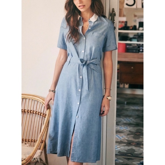 NWOT Sezane Midi Linen-Blend Chambray Alex Shirt Dress - Picture 1 of 7